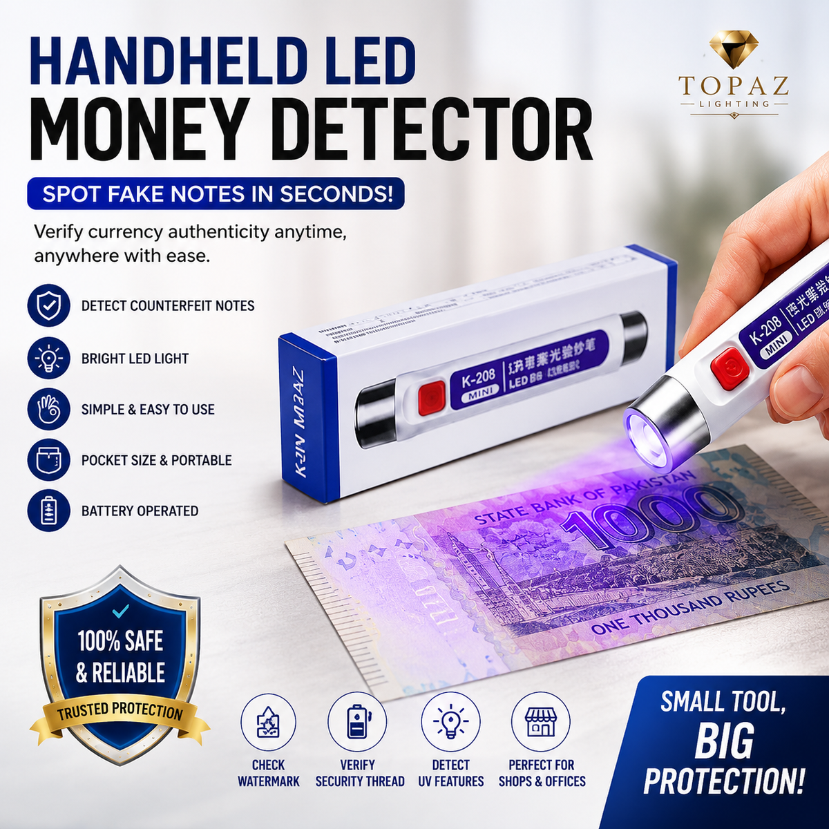 Handheld LED Money DetectorCurrency Detector Ultra Violet Torch | Fake Note Checker | Portable UV Counterfeit Detection Light