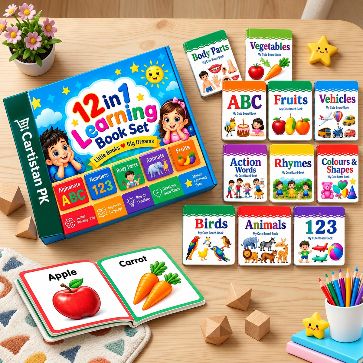 First Learning Library - 12 in 1 Mini Library Books Educational Board Books for Kids