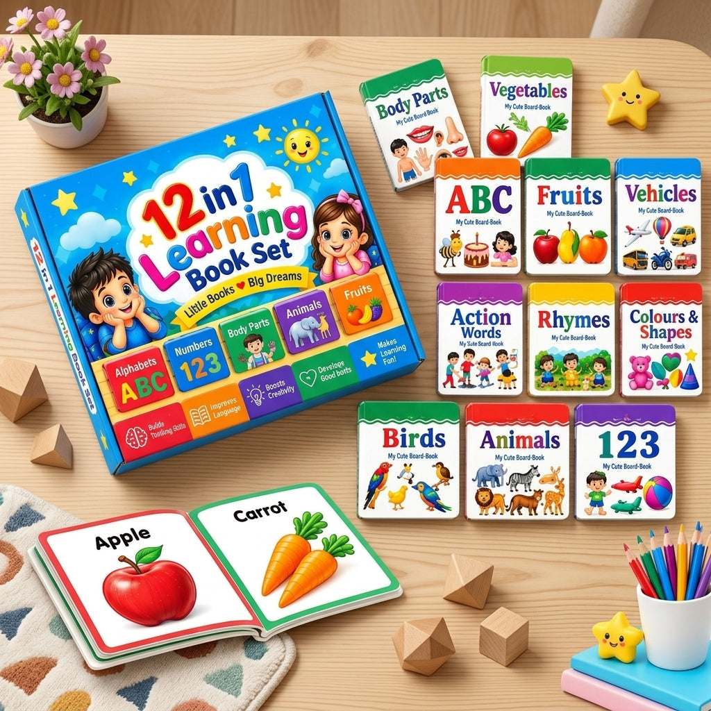 Colorful promotional display of the 12 in 1 kids learning book set